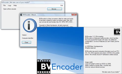 BVEncoder: Main window, about window, and start-up screen