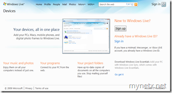 Windows Live Devices homepage